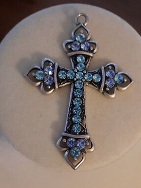 Silver Cross Pendant with Aqua Crystals - Women Jewelry